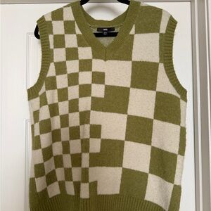Vans Green and Cream Checkered V-Neck Sweater
